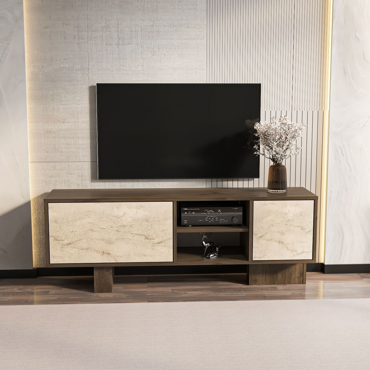 Comoda TV, Hanah Home, Monaco, 150x54x35 cm, Nuc / Travertin - imagine 6